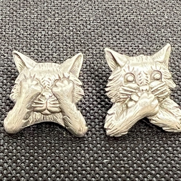 JJ Jonette Vintage Pewter Cat Kitty Earrings Signed JJ - Picture 2 of 13